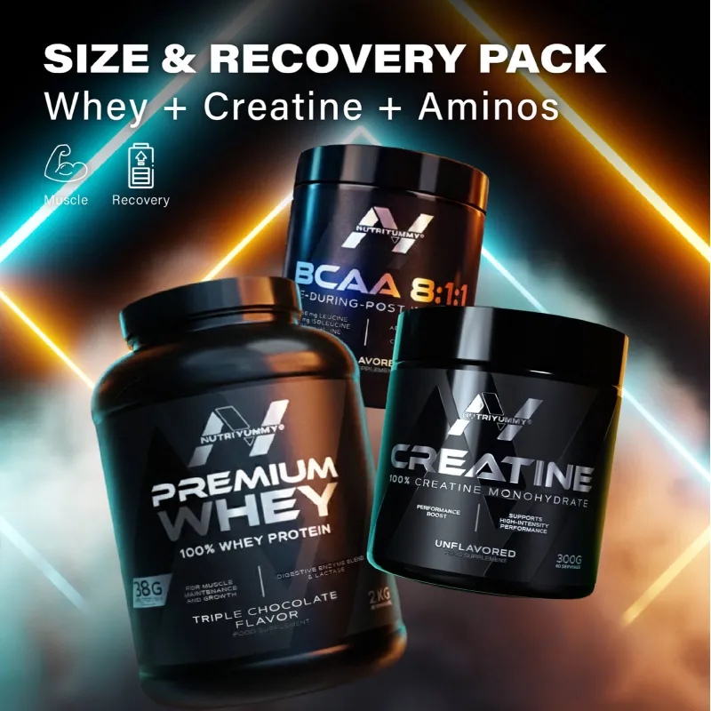 SIZE & RECOVERY STACK - CHOCOLATE (Premium Whey Chocolate 2kg & Creatine & Bcaa Cola) 